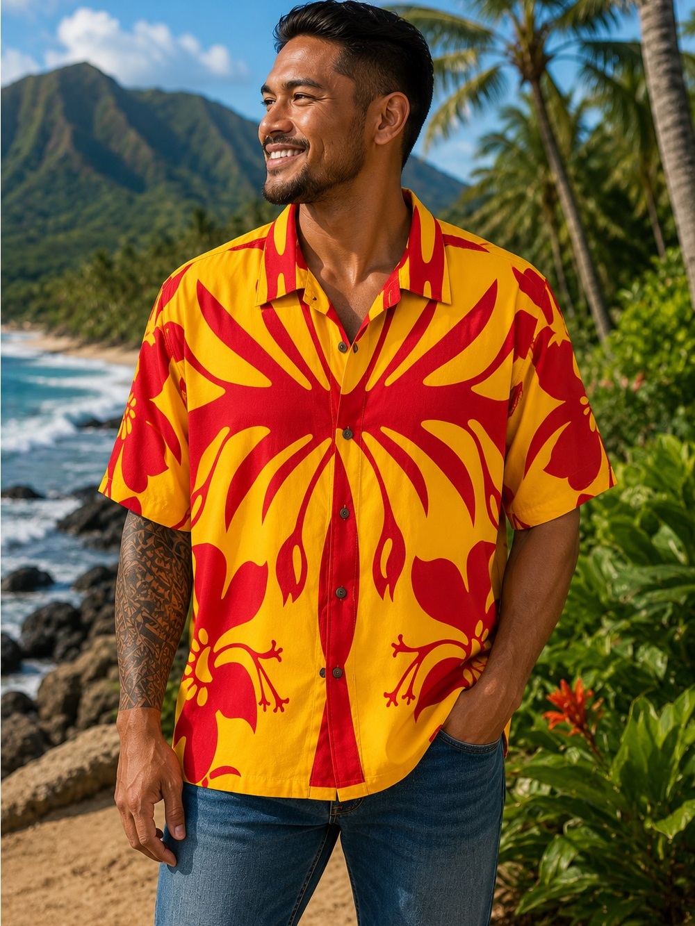 Men's Short-Sleeve Hawaiian Shirt in Yellow & Red-Lauhala